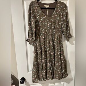 Floral Tiered Dress Brown Cottagecore Romantic Midi 3/4 Sleeve Size Small
